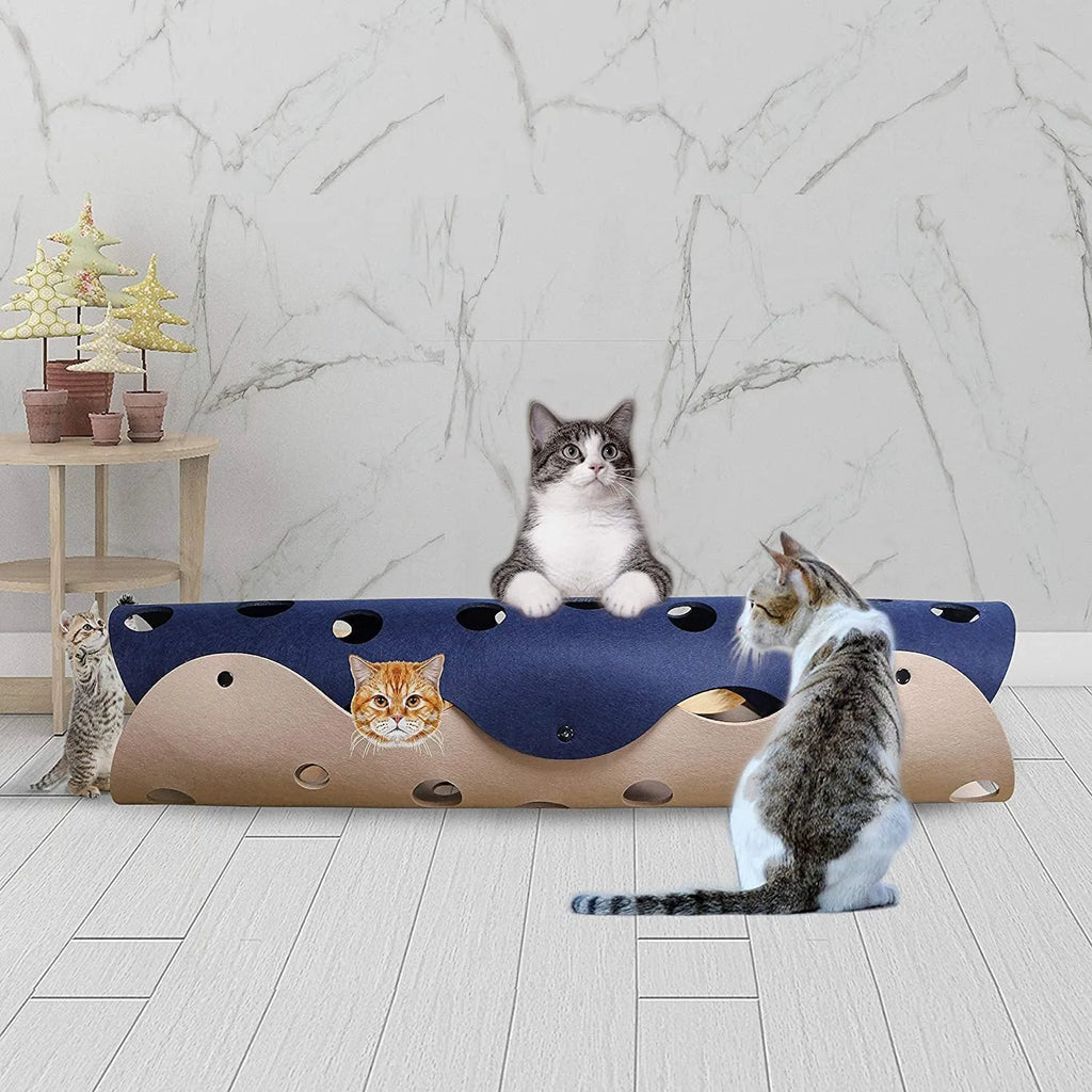Deformable felt cat tunnel with peepholes in cement grey and orange, assembled on floor