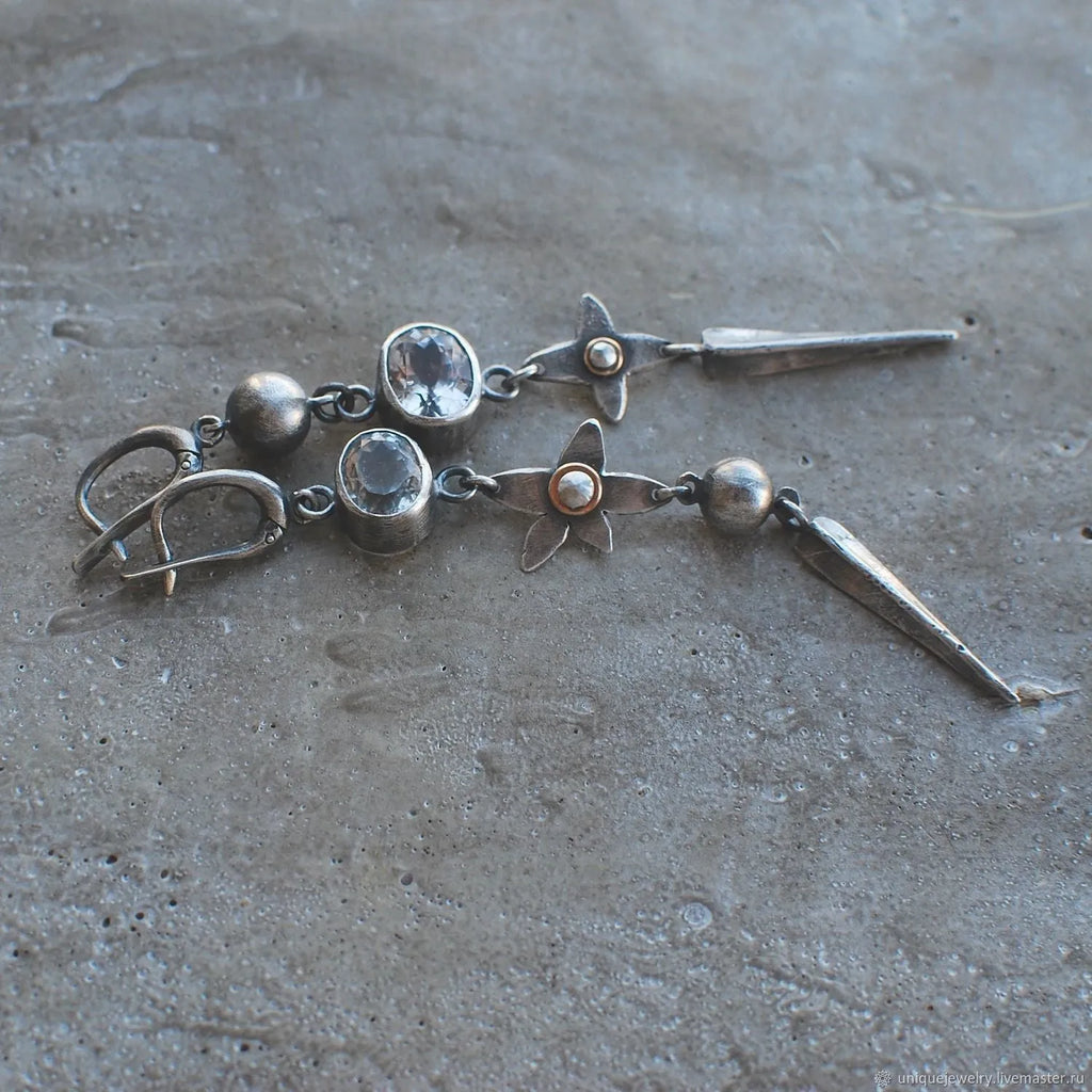 Geometric antique silver earrings with long rhinestone XINGX pendant