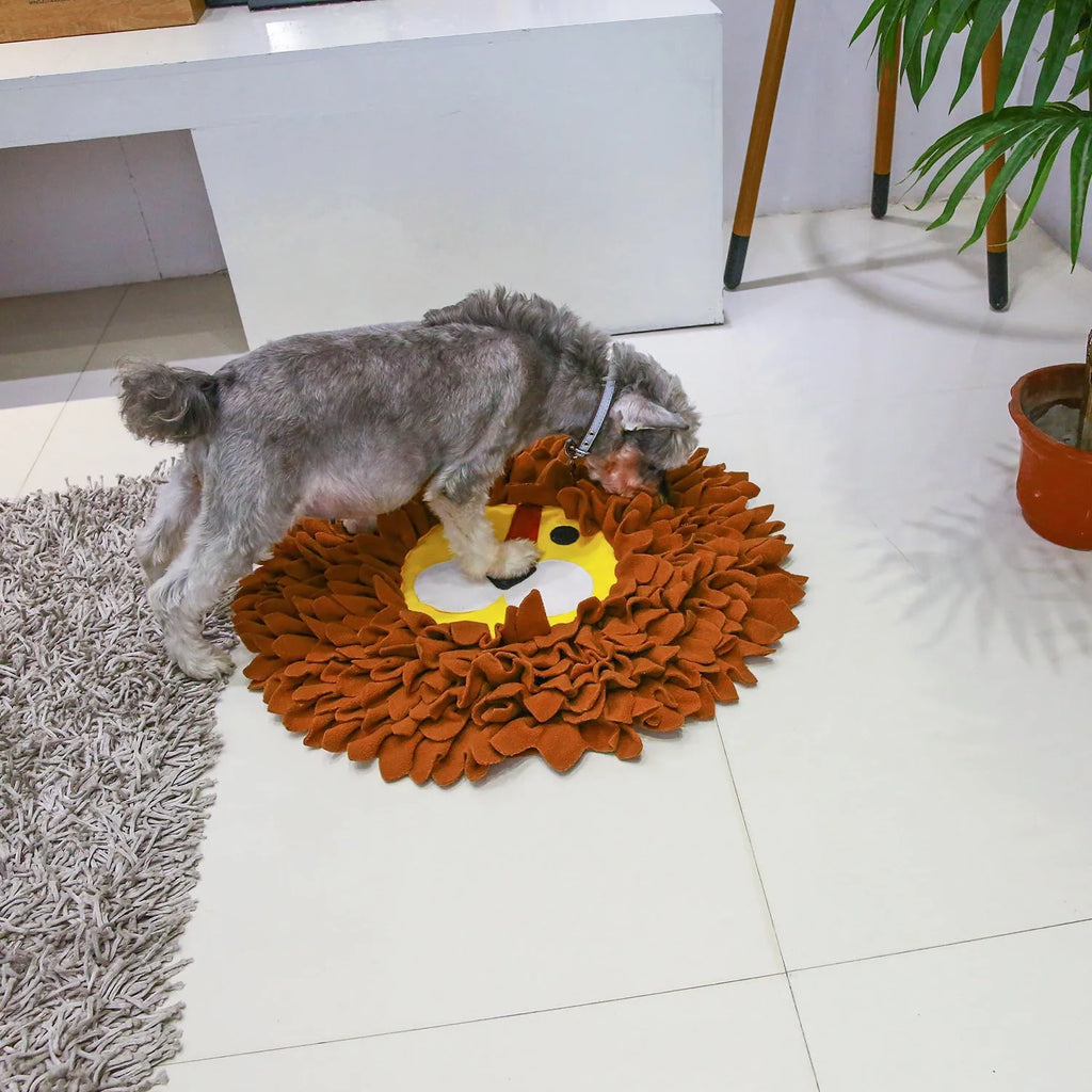 Brown Lion Sniffing Pad for dogs and cats with pockets for food hiding games.