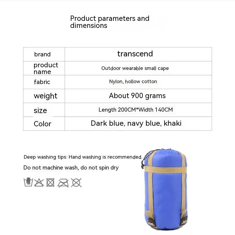 Adult-sized grey outdoor cloak sleeping bag with waterproof nylon exterior shown in wearable cape configuration