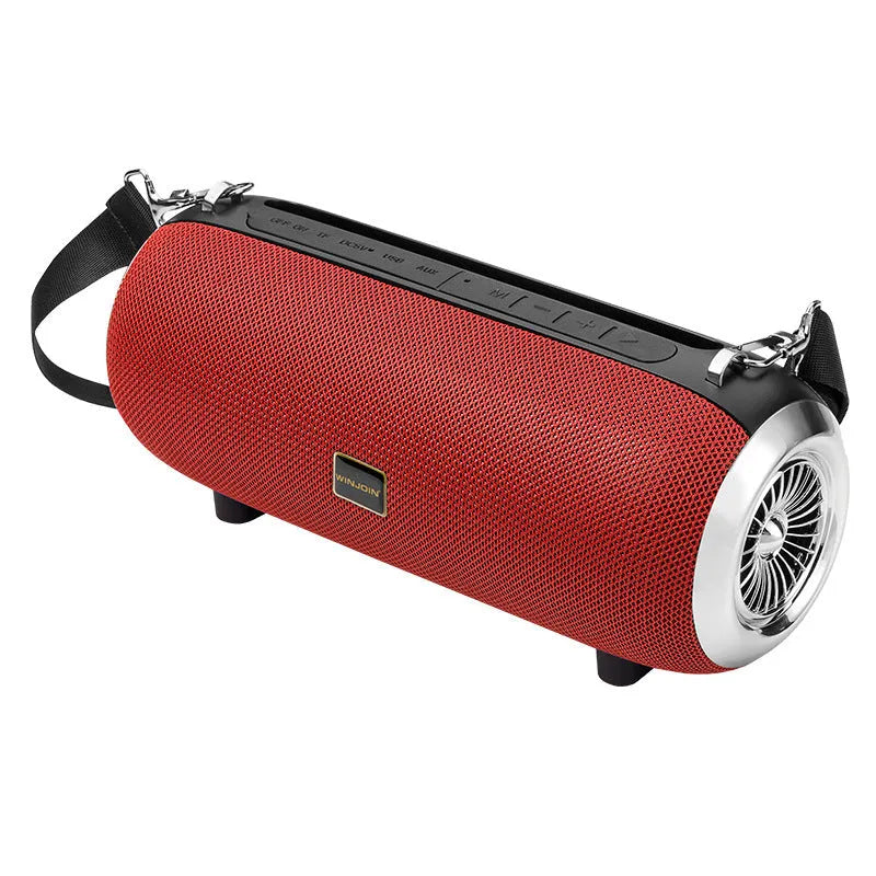 F666 square portable Bluetooth speaker with shoulder strap, showing retractable FM antenna and control buttons.