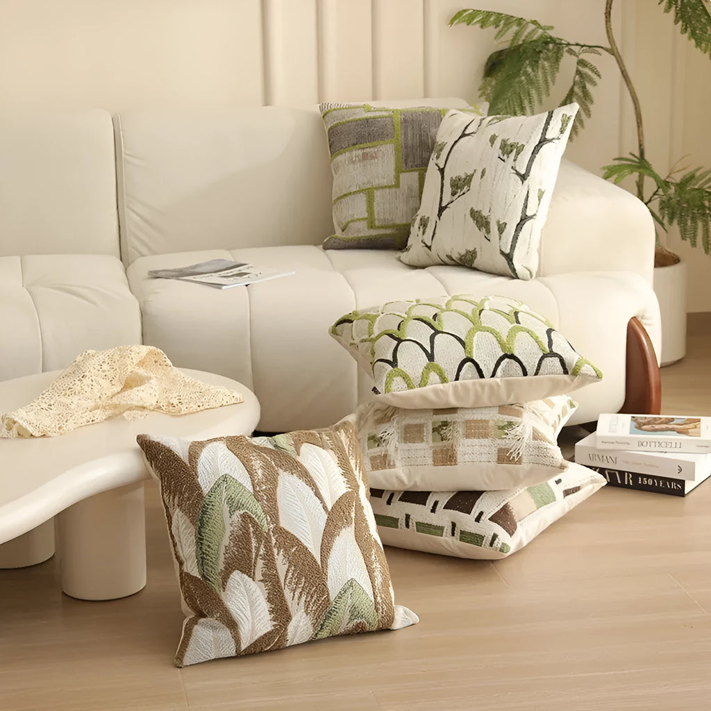 45cm square jacquard cushion cover with retro plant and flower pattern in various colours.