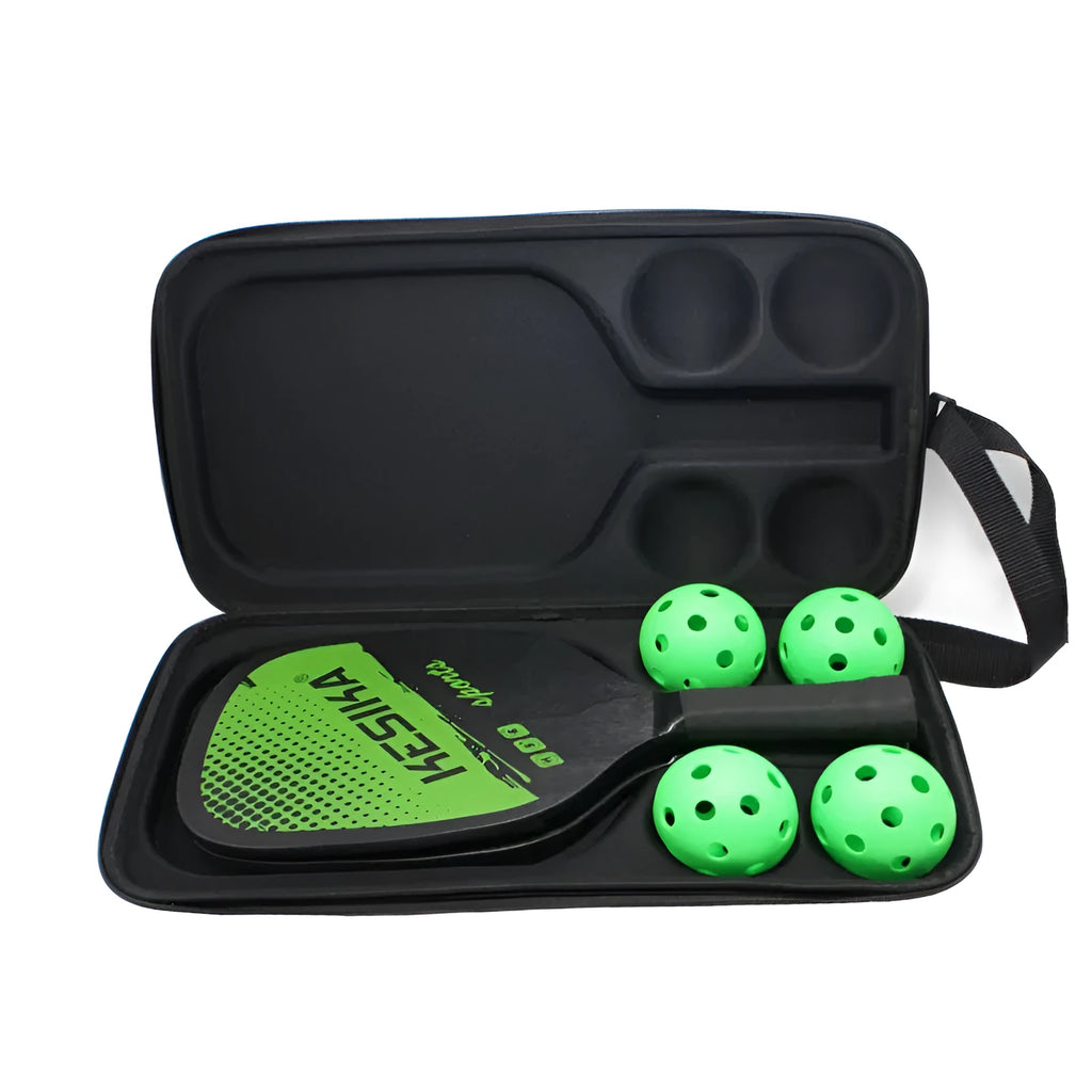 Black EVA pickleball storage bag with shoulder straps, holding one paddle and four balls.