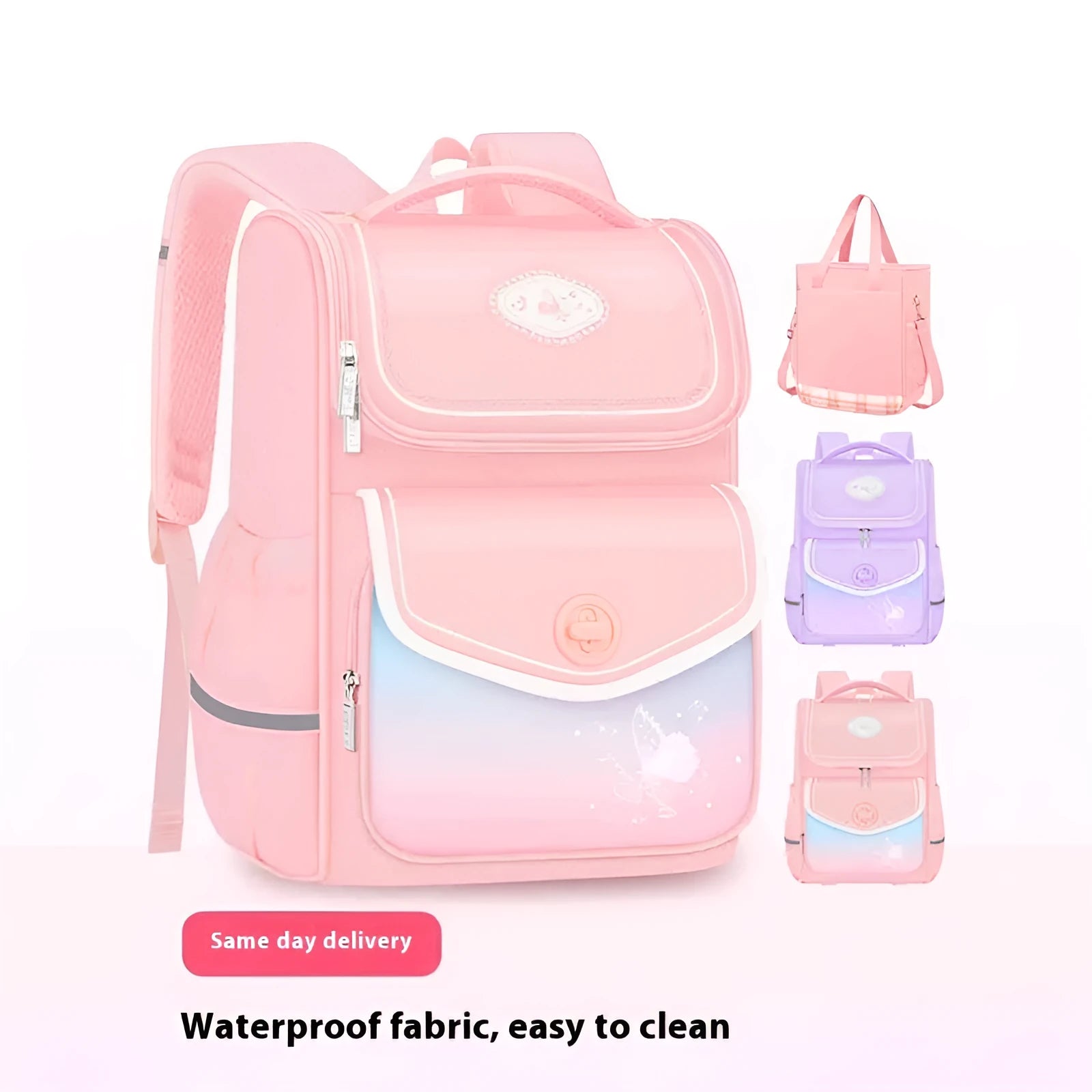 Girls' waterproof schoolbag in pink colour with Oxford cloth construction for primary school students years 1-6