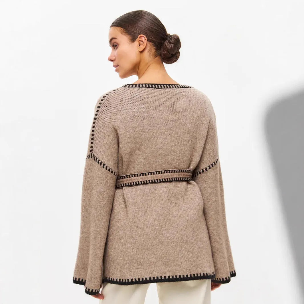 Lace-up front knitted cardigan in imitation cashmere fabric available in black, camel and white colours