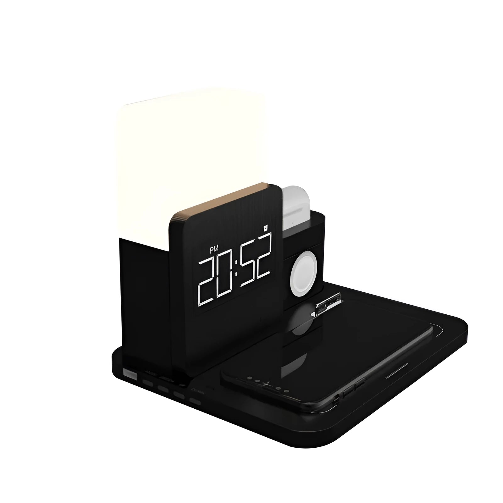 3-in-1 Qi wireless charger stand in dark green colour showing phone and smartwatch charging positions