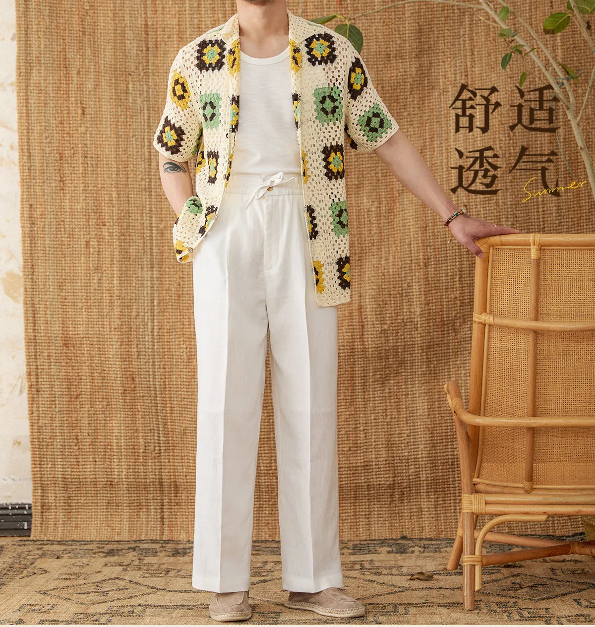 Linen high waist trousers with elasticated waistband and lace detail in navy blue, white, or greige colours