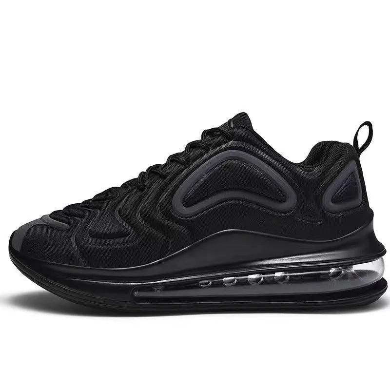 Men's black lace-up air cushion running shoes with a thick sole and round toe.