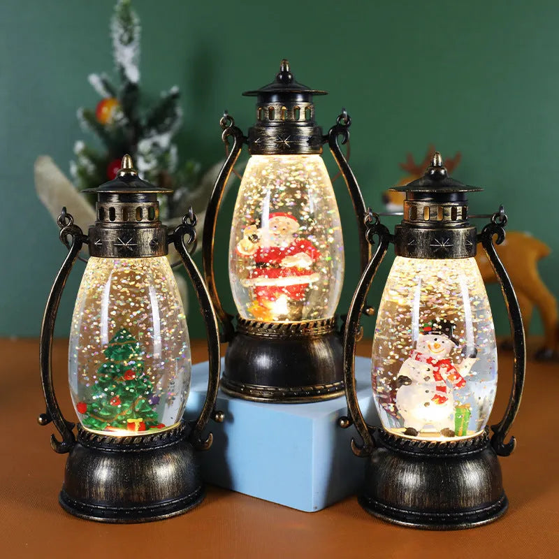 LED crystal ball Christmas decoration with illuminated oil lamp snowman figure on tabletop