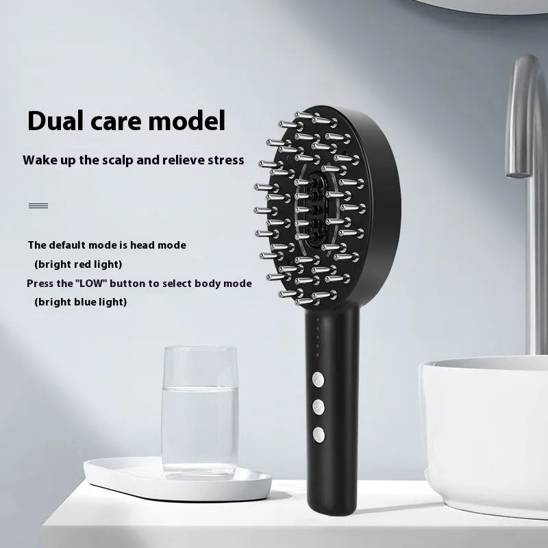KD3802 Black handheld scalp vibration massage device with charging cable on a white background.