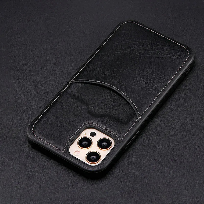 Dark blue PU leather protective case for various iPhone models on a table.