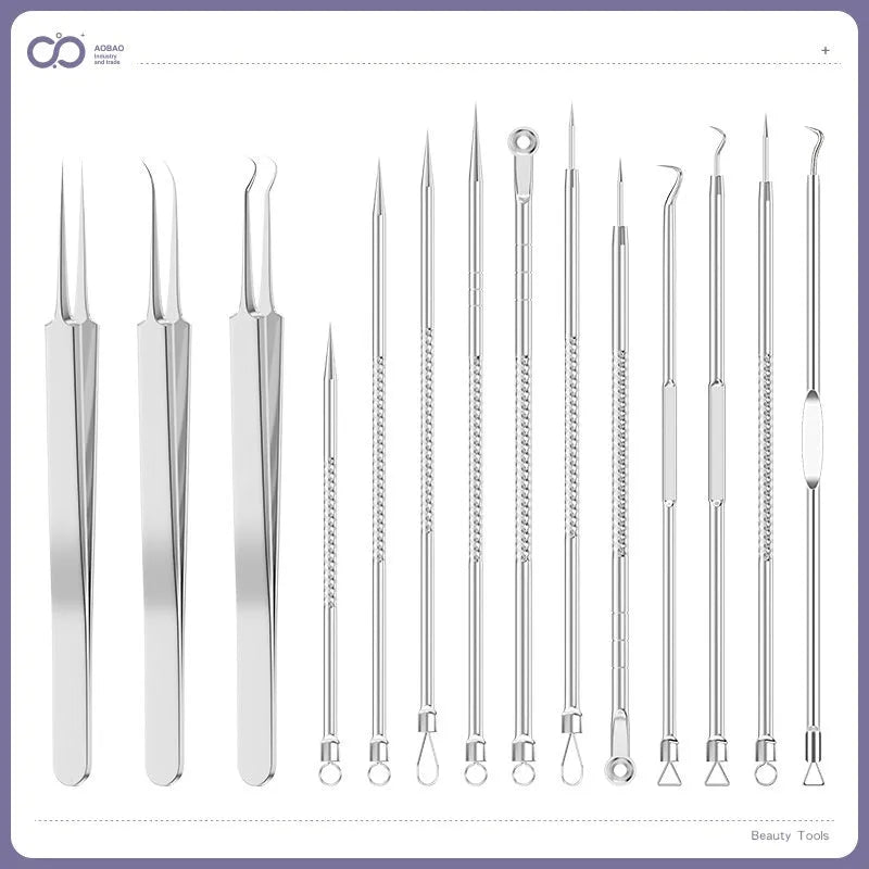 Four metal acne needles with ultra fine pointed tips for blackhead removal and skincare treatment