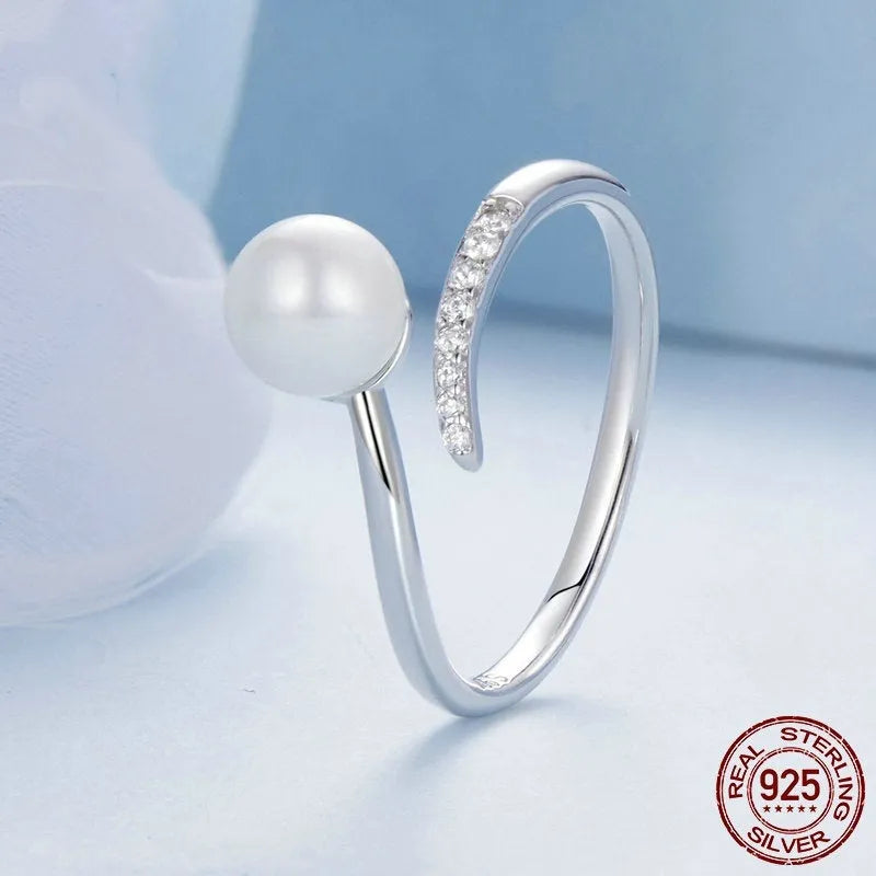 S925 sterling silver adjustable open loop ring with shell pearls in natural style