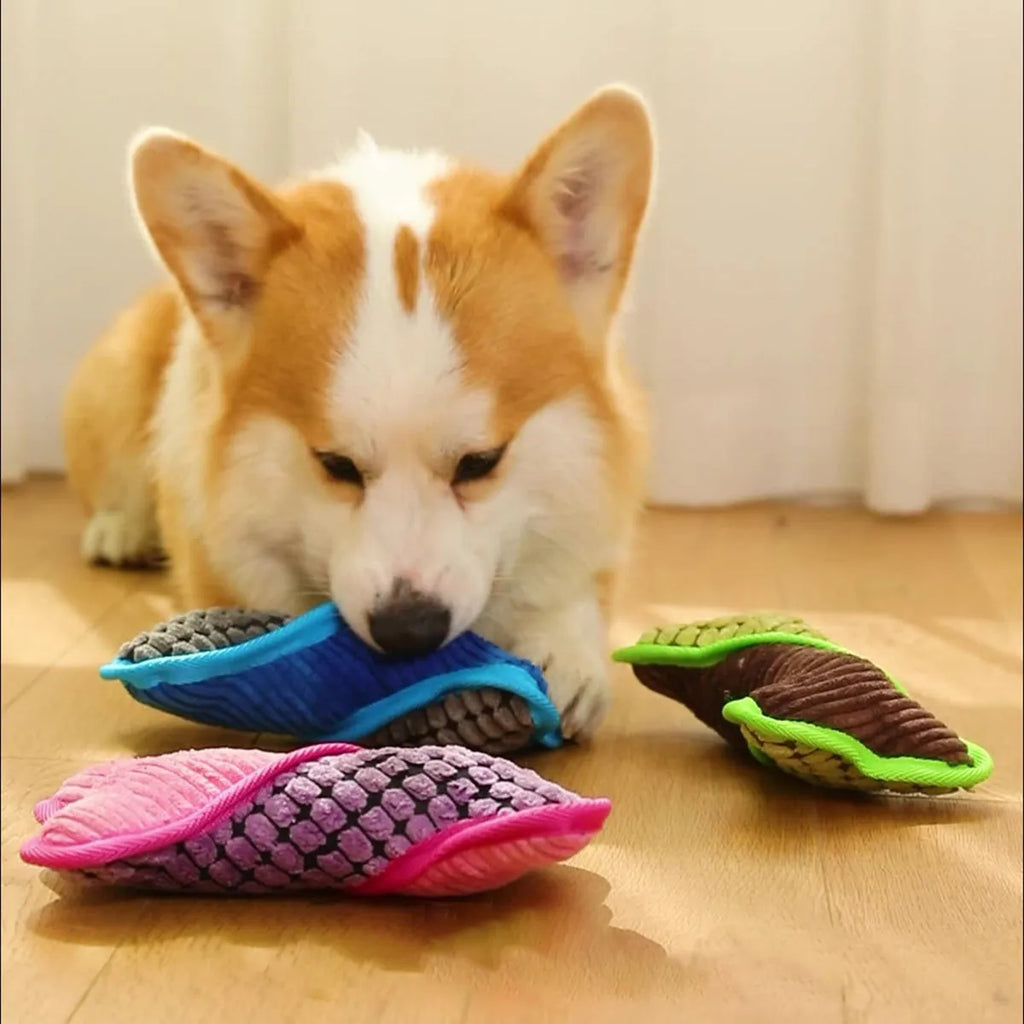 Blue teddy dog toy shaped like a bone with a corn fleece lining and integrated sound module