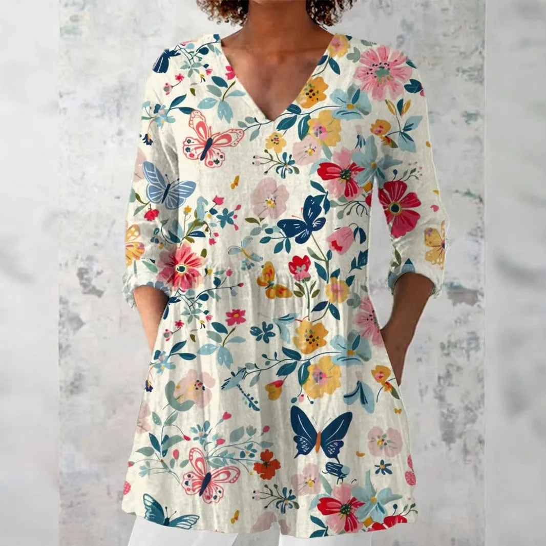 Women's slim fit retro style printed long-sleeved polyester top in multiple colour options