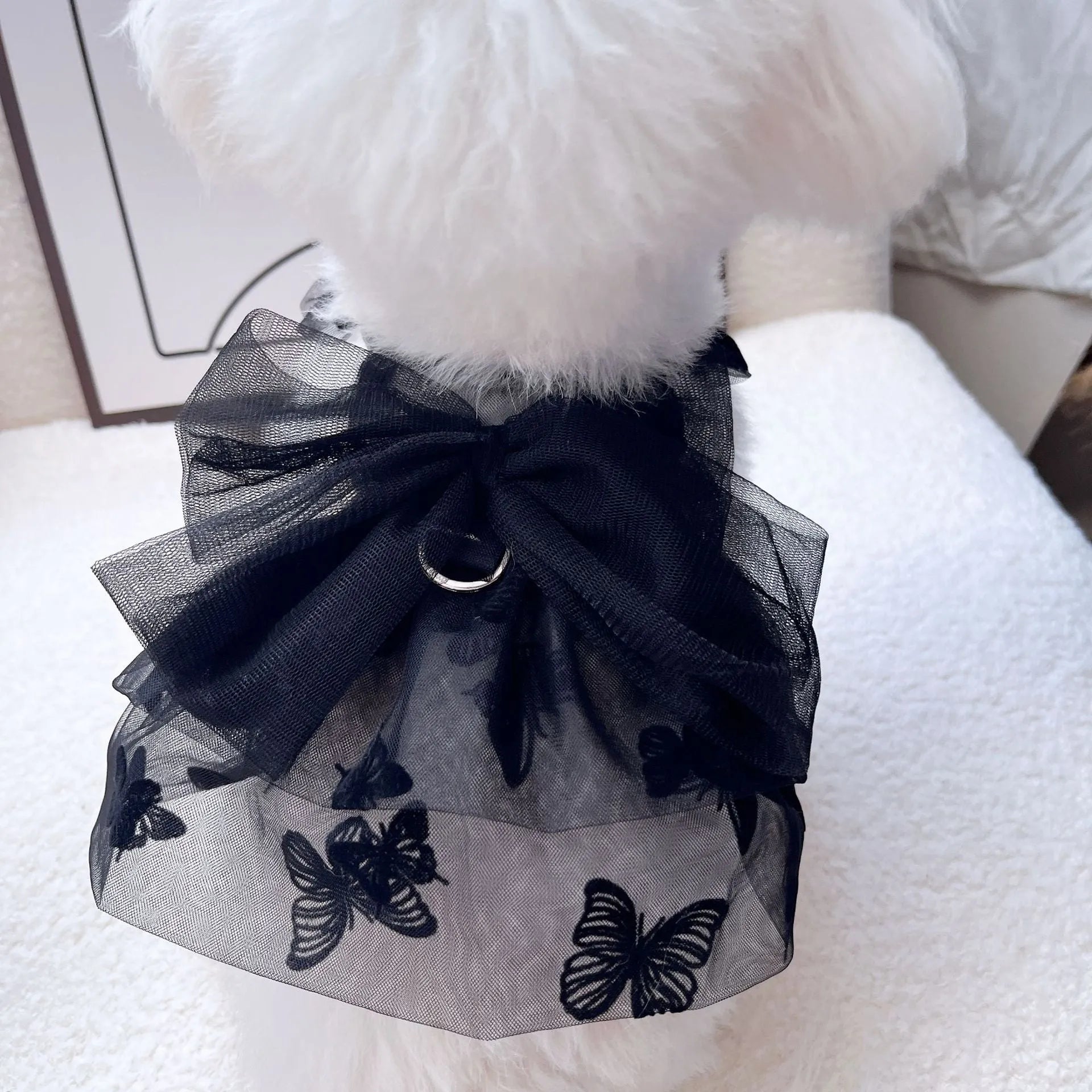 Black gauze princess tulle skirt for a small dog, showing the fitted bodice and full skirt.