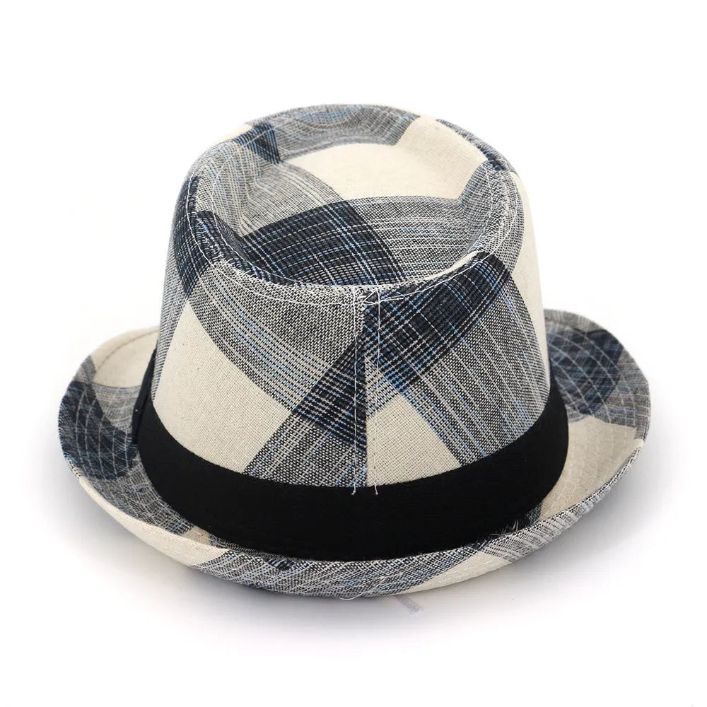 Casual blue polyester straw sun hat with a bell crown on a neutral background.