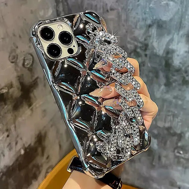 Luxury diamond bracelet iPhone case with decorative chain and flash diamond lock design