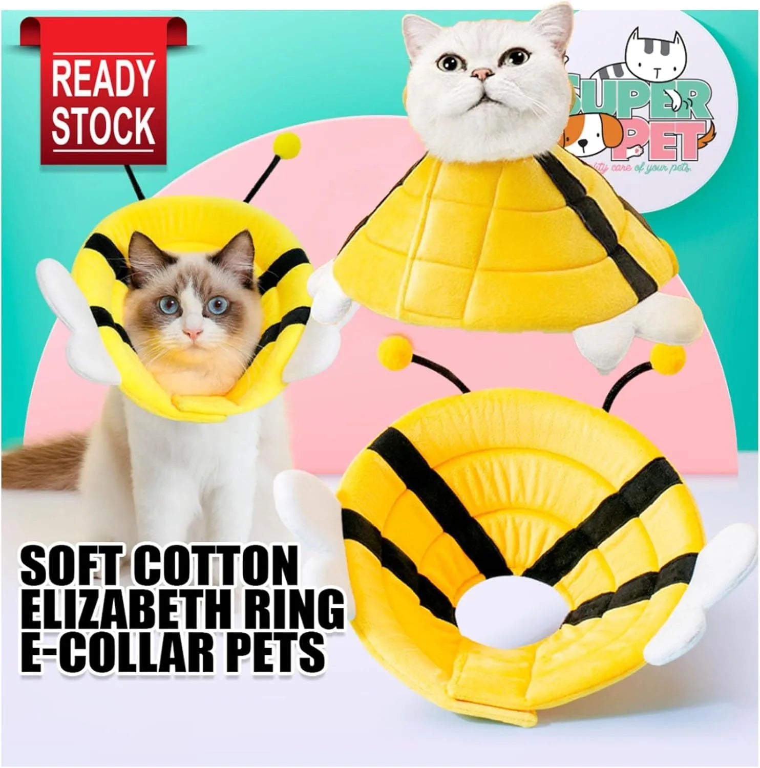 Soft cat cone collar with black and yellow bee design and Velcro strap