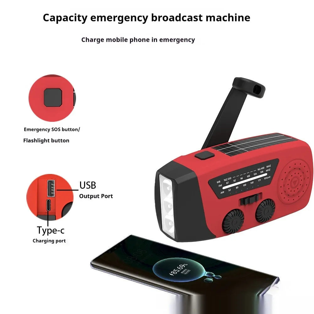 Red rechargeable emergency hand radio torch with built-in speaker and USB port