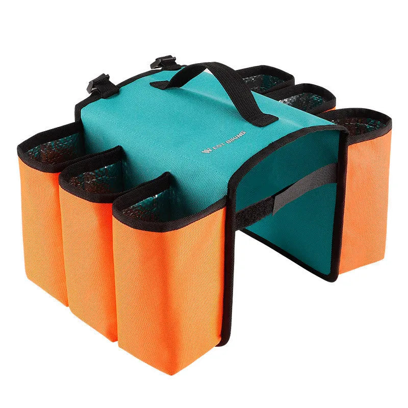Black and orange bicycle drink bottle bag with two-sided storage compartments mounted on bike frame
