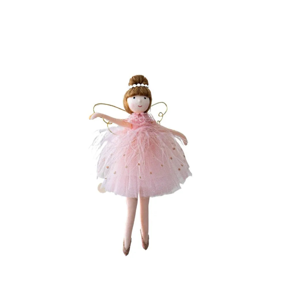Pink cloth ballet girl plush doll with angel wings and pendant design on white background