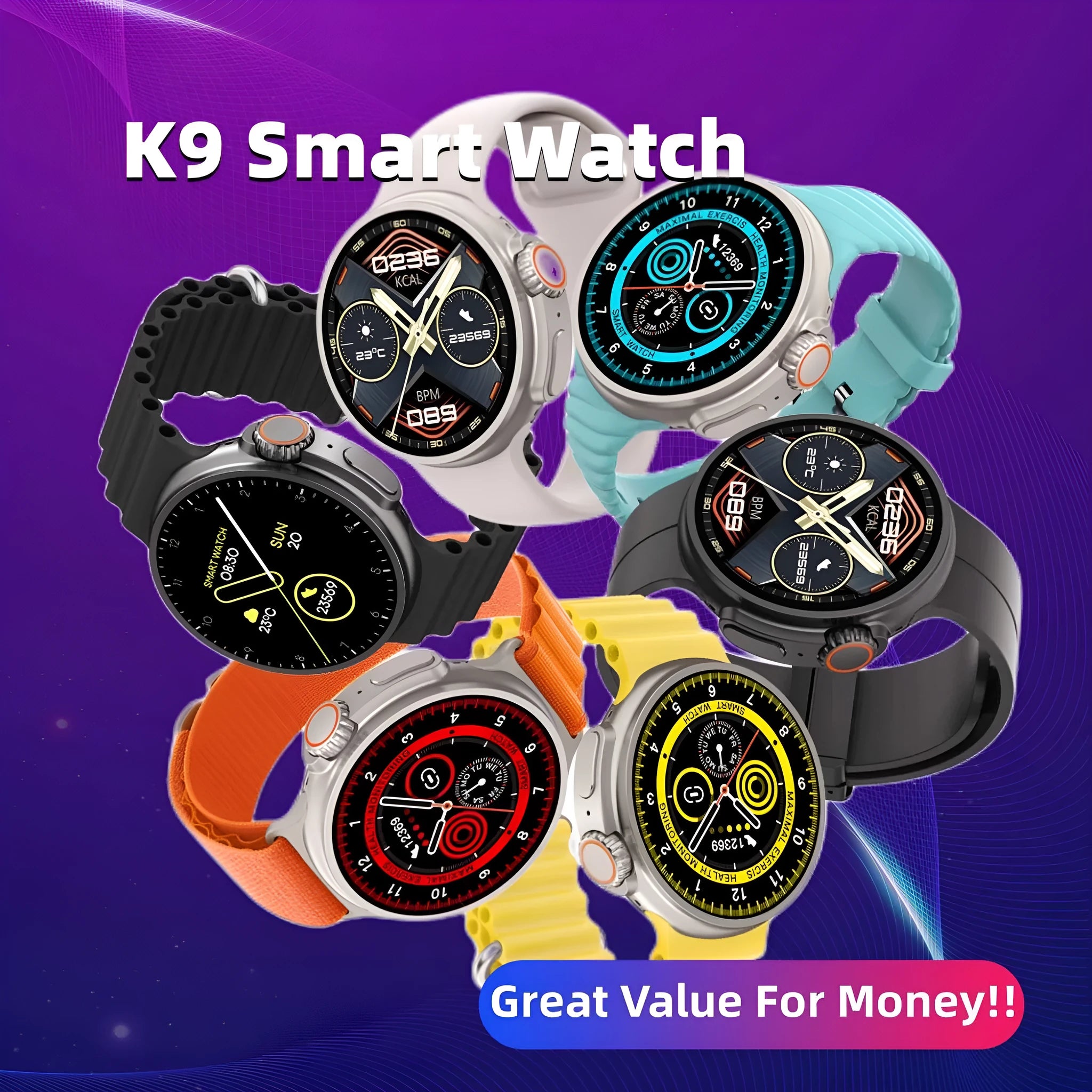 K9 smart watch with round screen showing health metrics and NFC payment capability