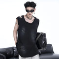 Men's black sleeveless waistcoat vest with irregular cut and ripped design detail on a hanger.