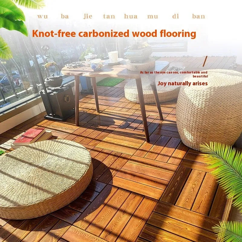 Camphor pine square floor panel with stitch texture in brushed wax finish