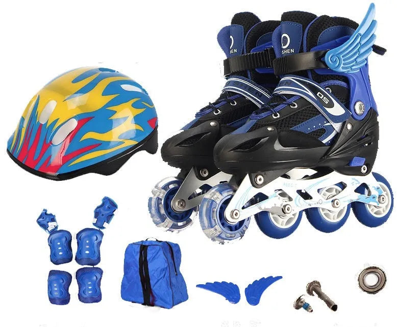 Children's roller skates with PU foam wheels in yellow, red, blue, black or pink, shown with protective helmet and pads.