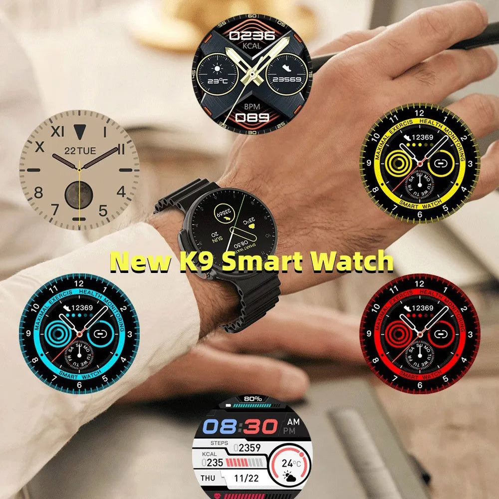 K9 smart watch with round screen showing health metrics and NFC payment capability
