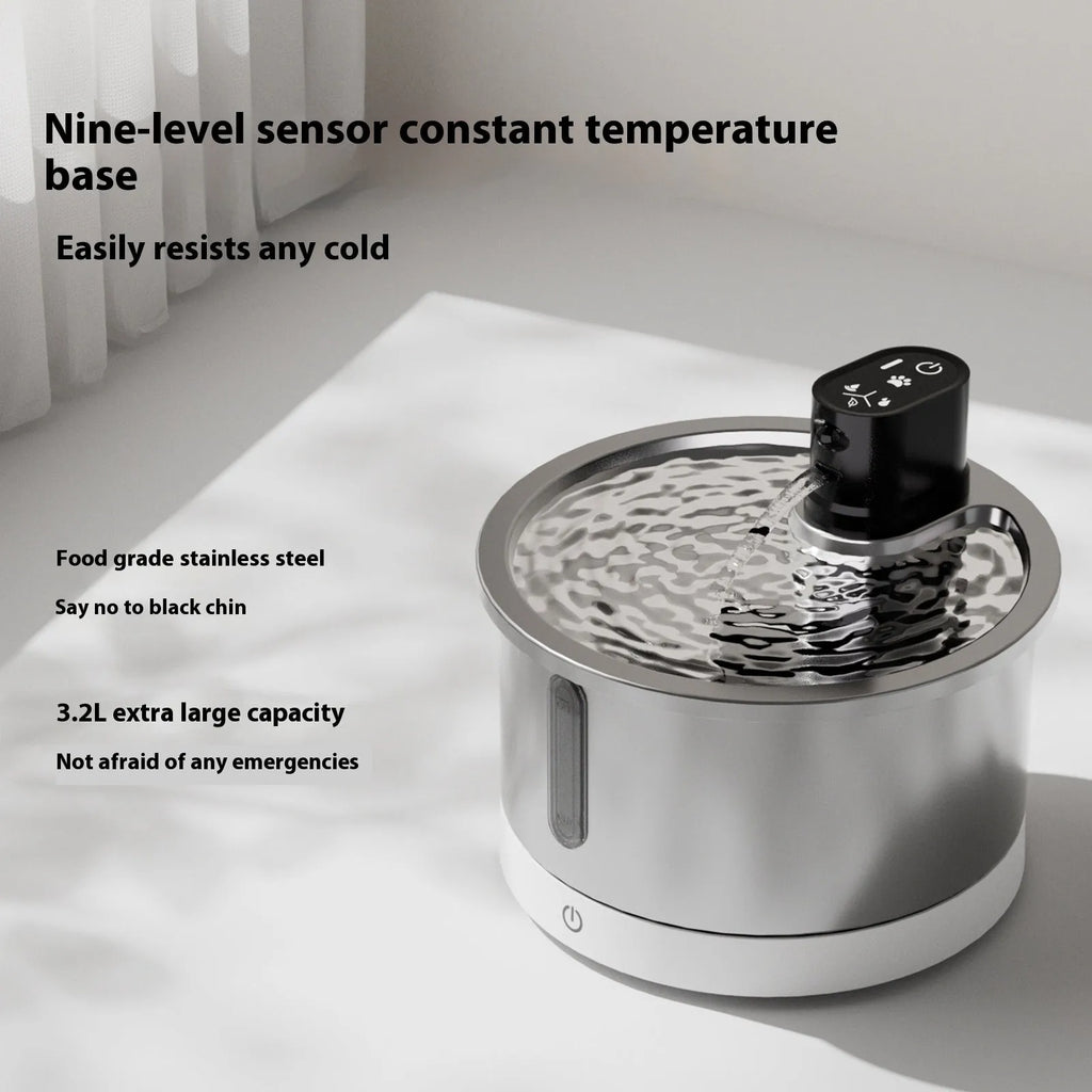 Stainless steel cat water fountain with temperature control base and automatic circulation system