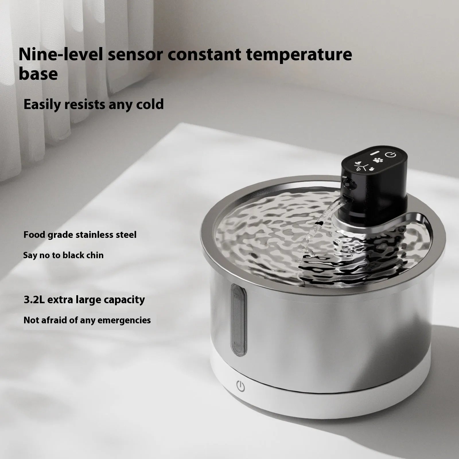 Stainless steel cat water fountain with temperature control base and automatic circulation system