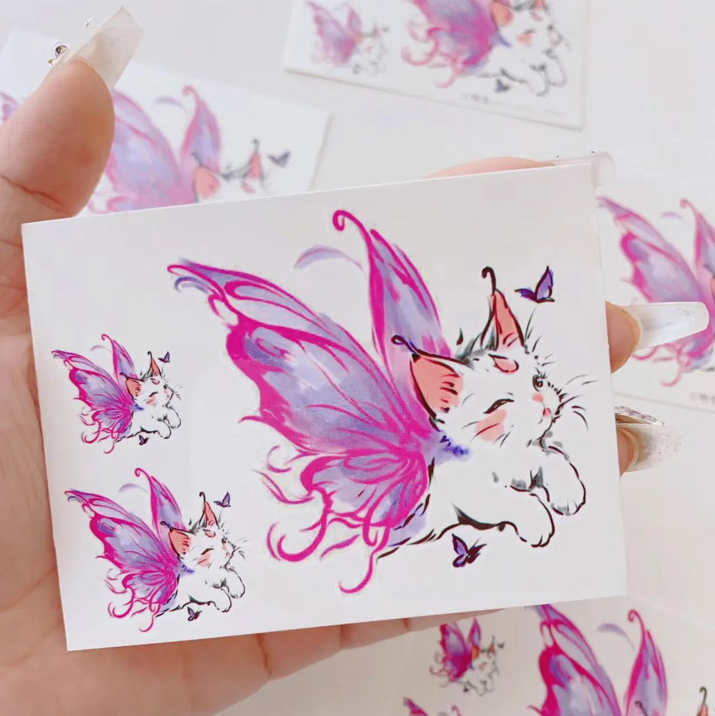 Angel cat pattern temporary tattoo sticker sheet 11x7.8cm on white background