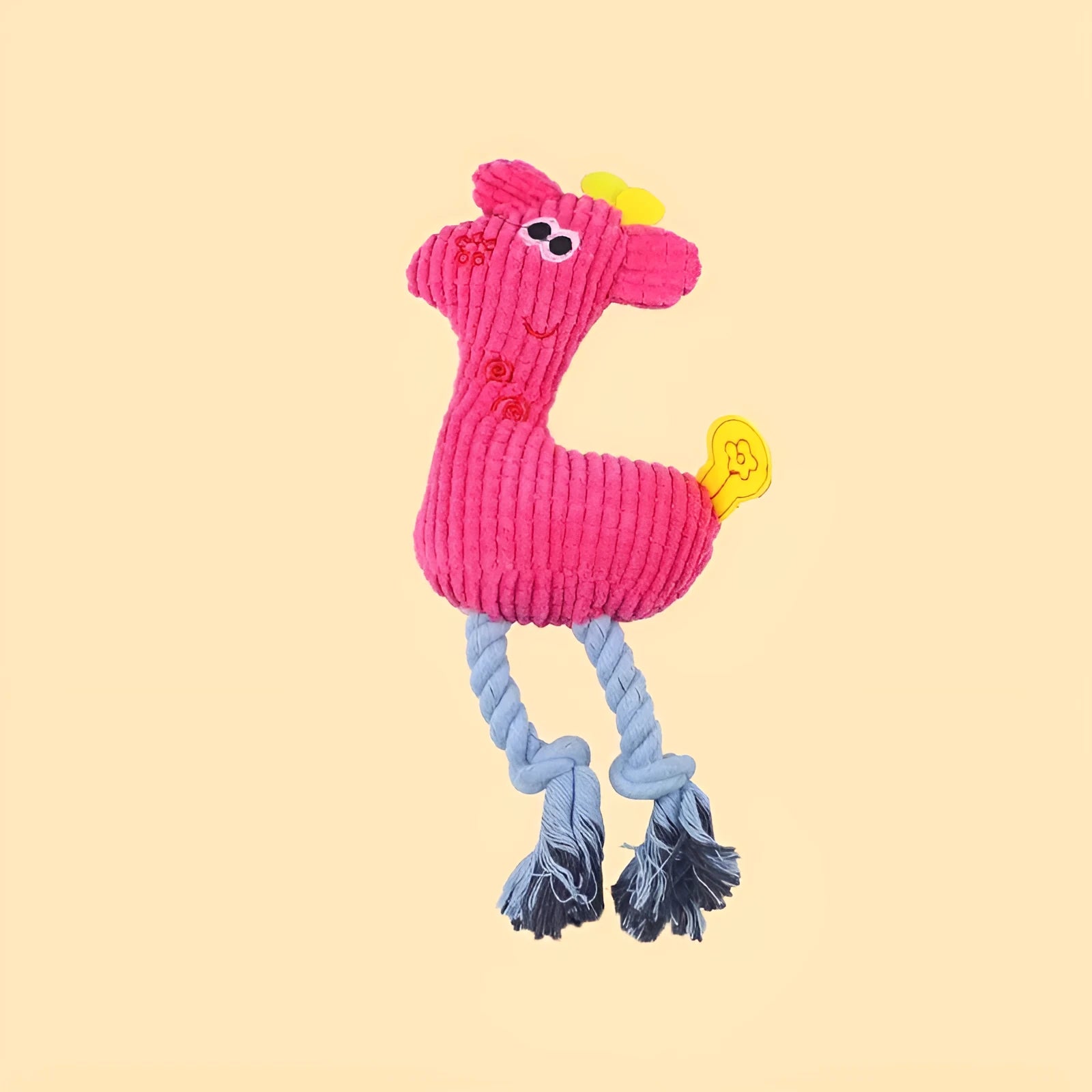 Blue deer-shaped plush dog toy with corn grain texture, shown next to a measuring tape indicating 24 cm length.