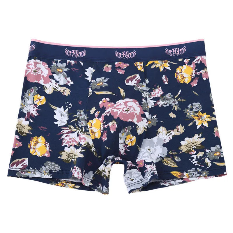 Men's cotton boxer underwear with U-shaped convex design in floral pattern colours