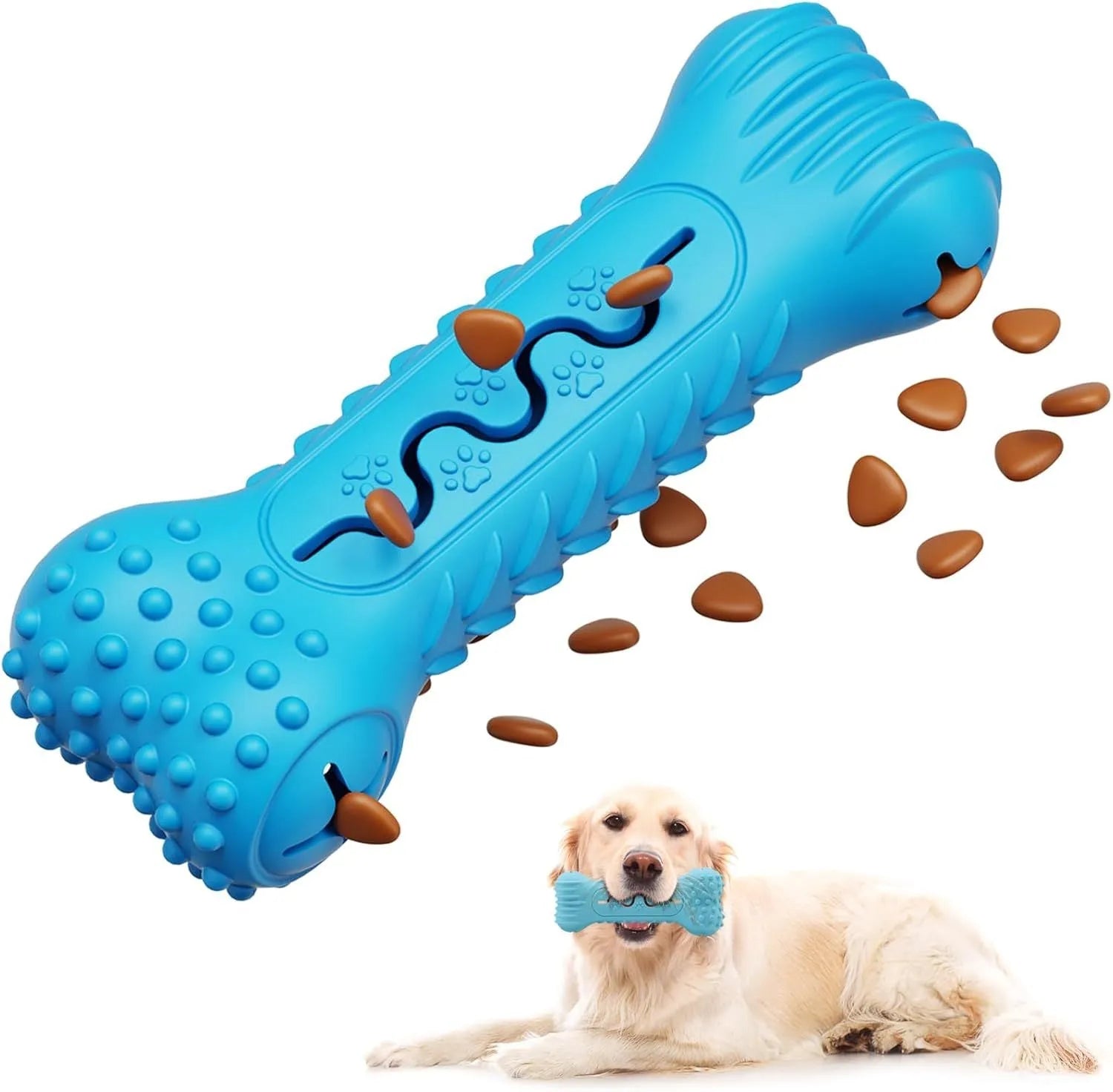 Blue natural rubber bone-shaped dog chew toy with textured surface and puzzle holes.