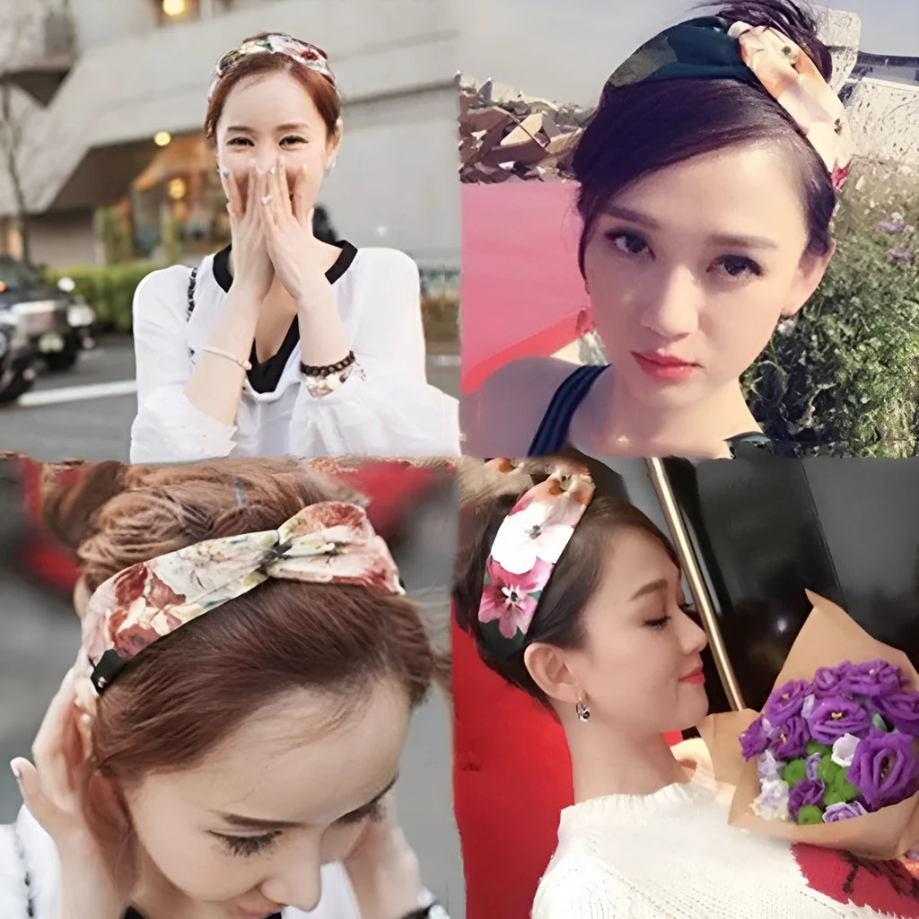 Women's polka dot printed bohemian cloth hair band with flower shape, checker pattern, available in multiple colours