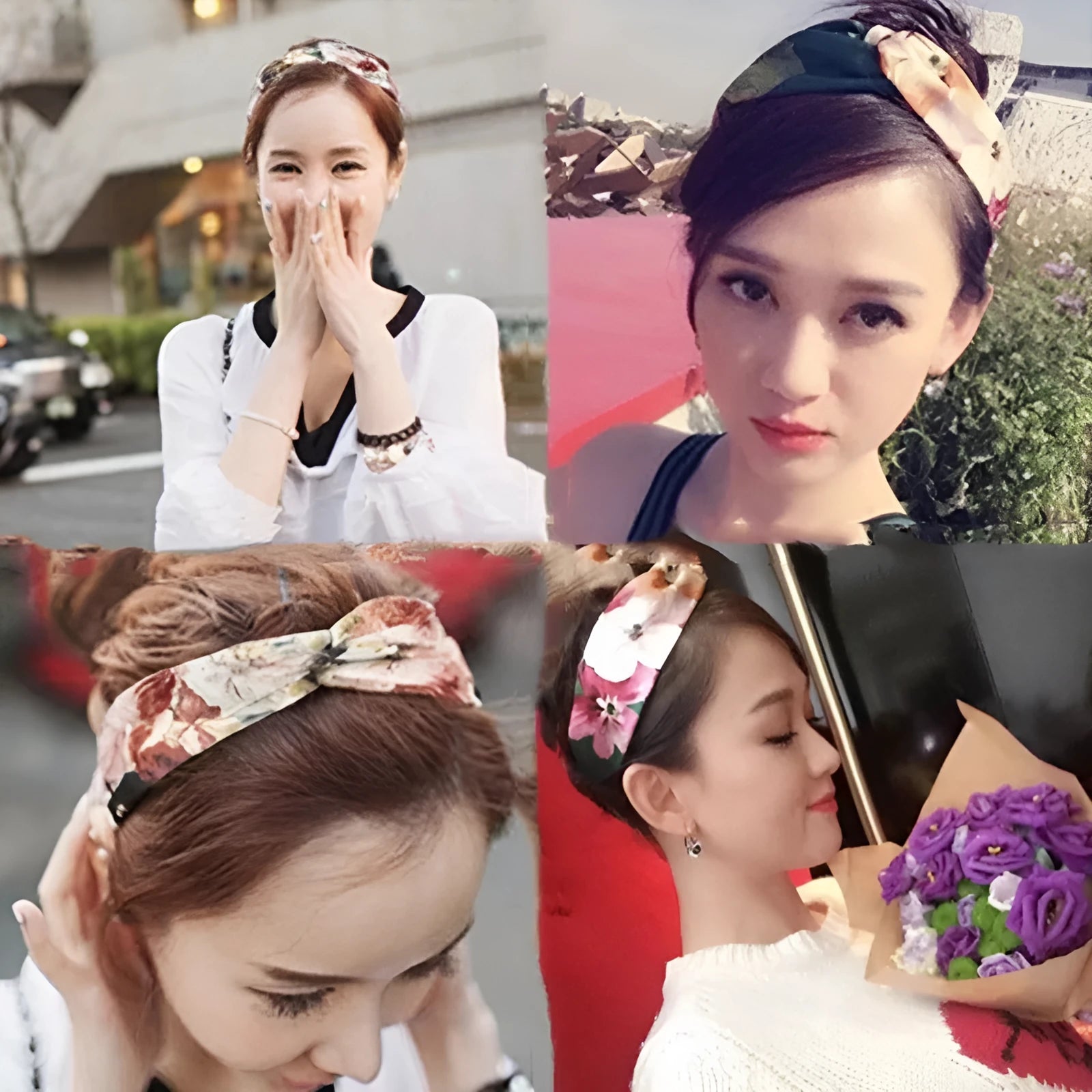 Women's polka dot printed bohemian cloth hair band with flower shape, checker pattern, available in multiple colours