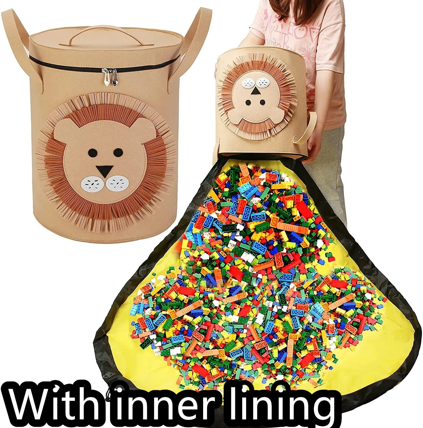 Green cube-shaped felt storage bag with a pull rope, shown as a toy organiser and play mat.