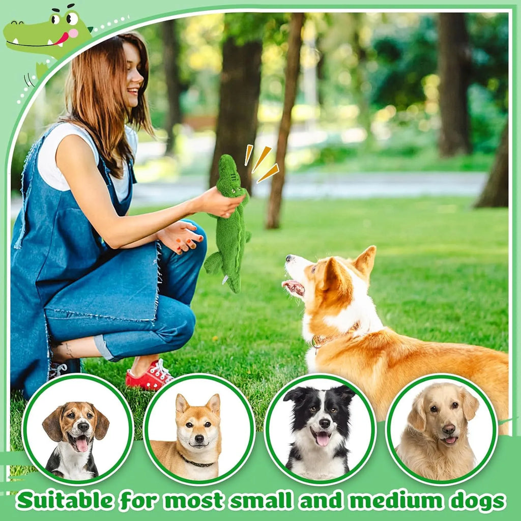 Green crocodile-shaped plush dog toy with no stuffing, squeaker in head, and crinkle paper in tail
