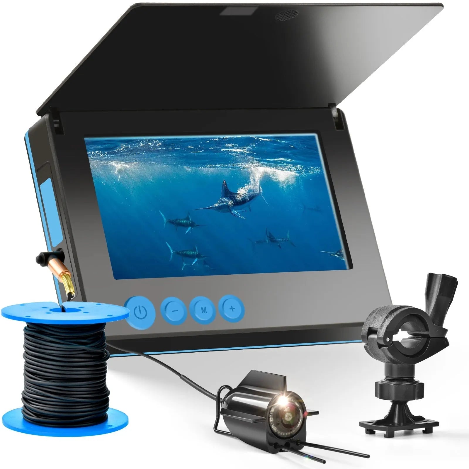 Fish finder underwater camera with 4.3-inch screen showing underwater view, night vision lights, and choice of cable lengths.