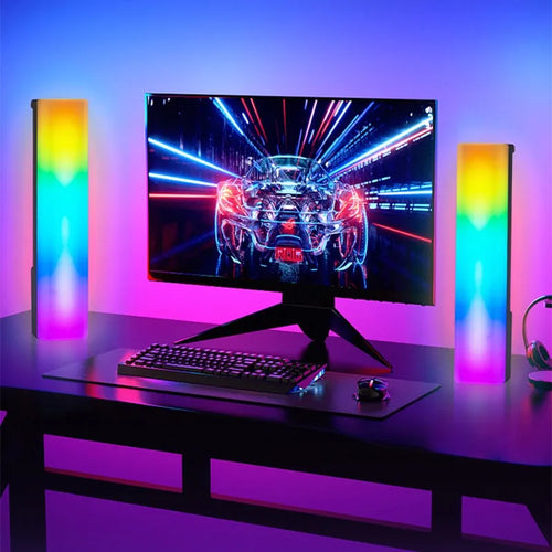 Black 3D RGB table top ambience lamp with voice-activated rhythm lighting for PC gaming decor