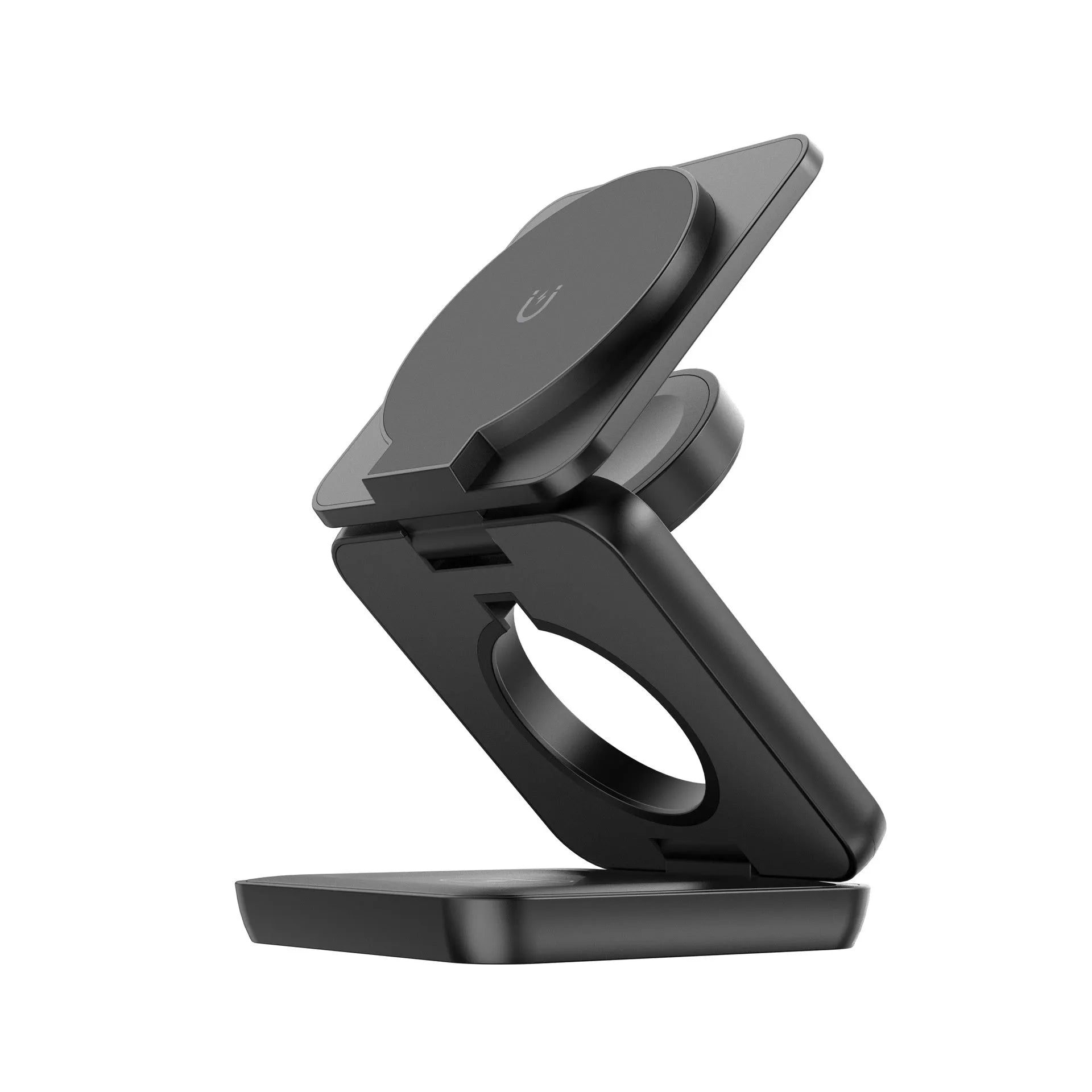 Foldable magnetic wireless phone charger stand in black showing adjustable angles