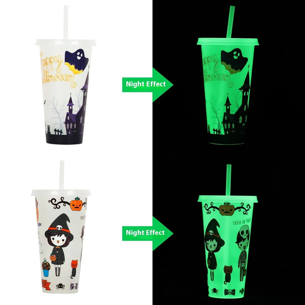 720ml plastic Halloween sippy cup with luminous straw, six colour options