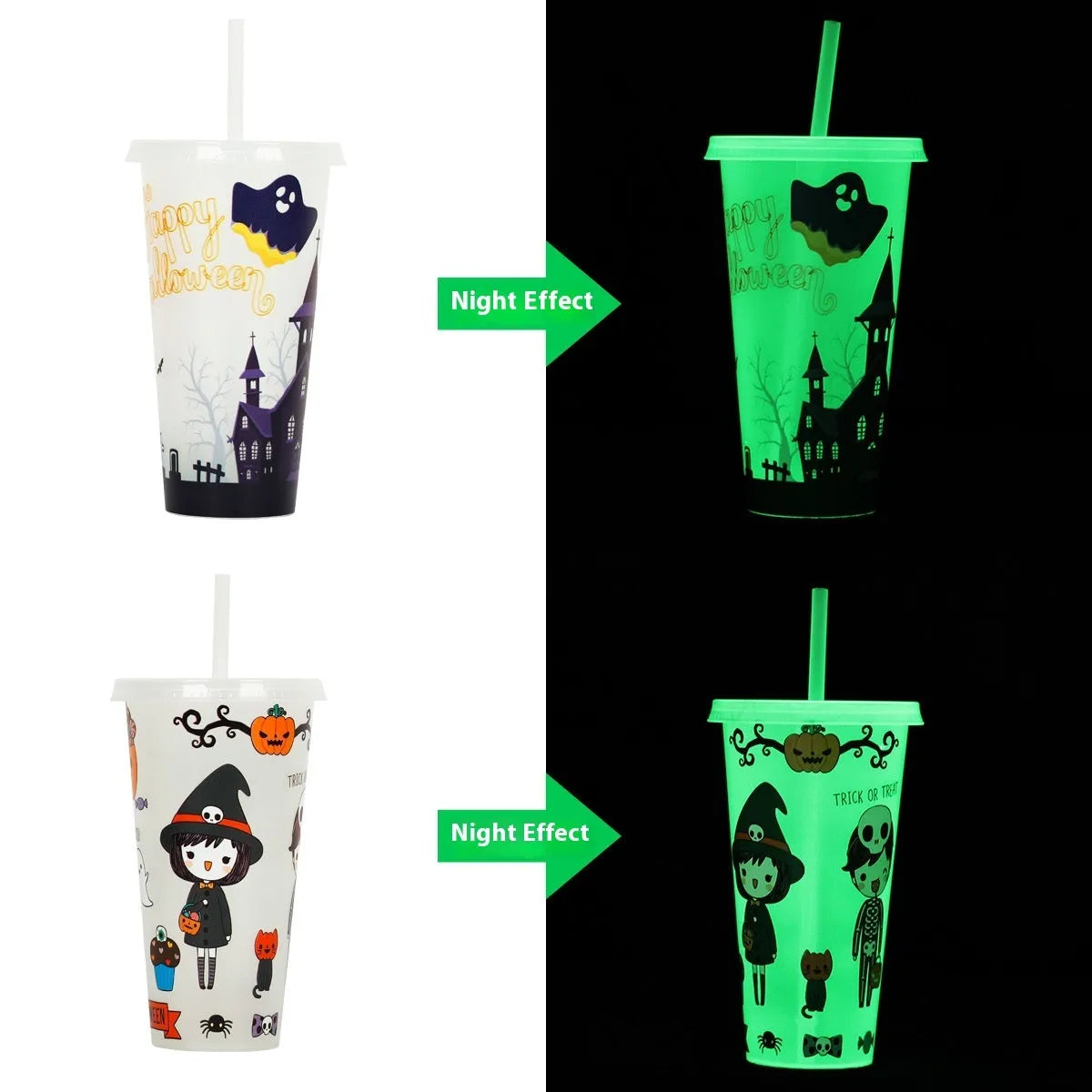 720ml plastic Halloween sippy cup with luminous straw, six colour options