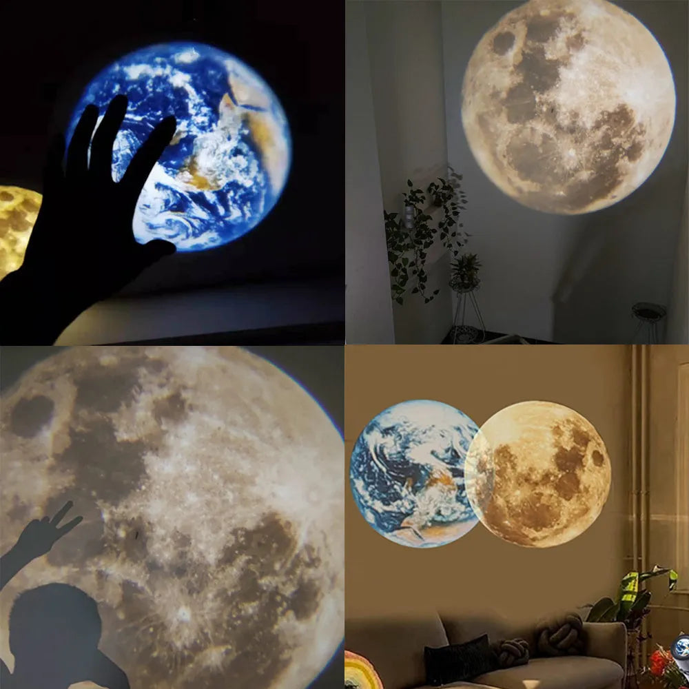 Earth and Moon star projection lamp with flexible hose bracket on a table