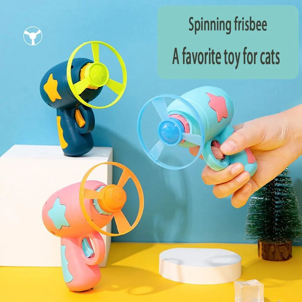 Interactive plastic cat toy gun with frisbee launcher for indoor cats, 11cm size
