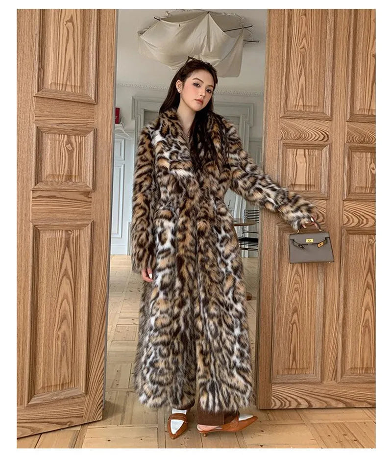 Women's artificial fur coat with fur collar in street fashion style showing mid-length and long options