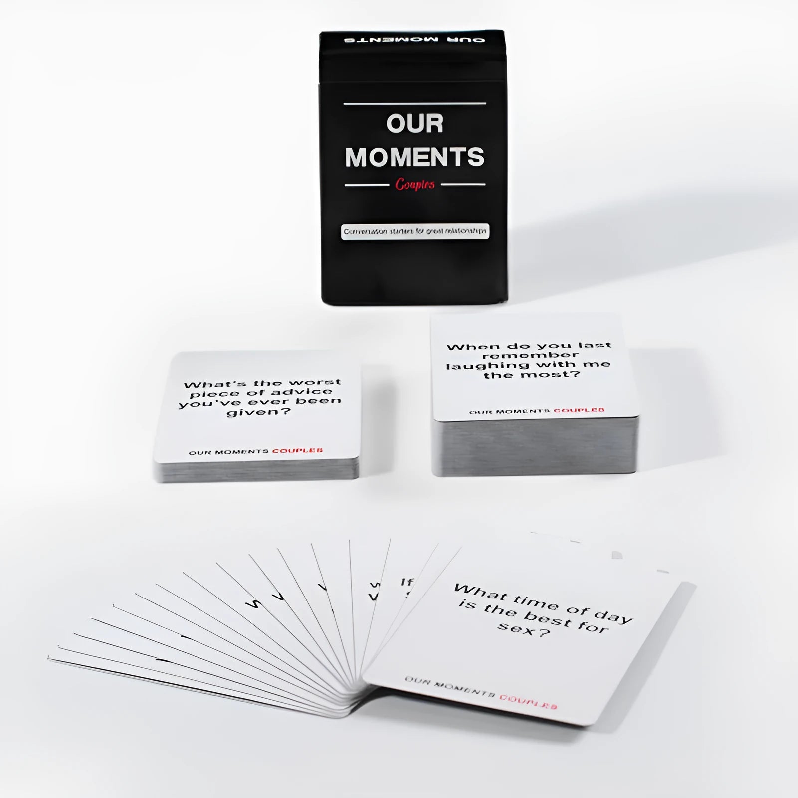 Black coated paper communication cards for couples, measuring 9cm by 6.5cm, in storage box